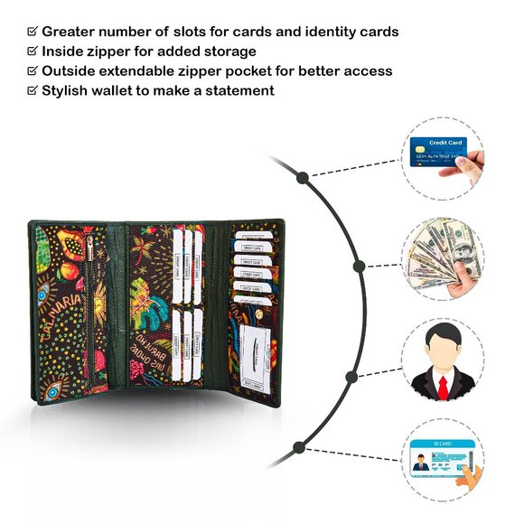 Green Printed Fabric Trifold Wallet & Card Holder – Women Organizer, ID Window - Picture 4 of 8